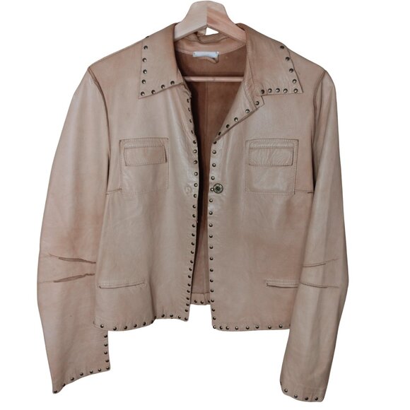 Blur Jackets & Blazers - Blur Italian Leather Panama Tan Brown Luxury Studded Jacket Distressed